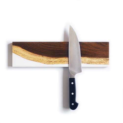 Live edge rosewood magnetic knife strip with white epoxy resin