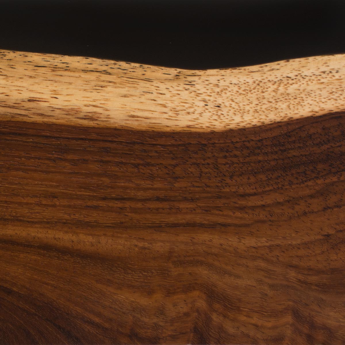 Black epoxy resin with live edge indian rosewood, featuring a contrasting band of light sapwood and dark brown heartwood