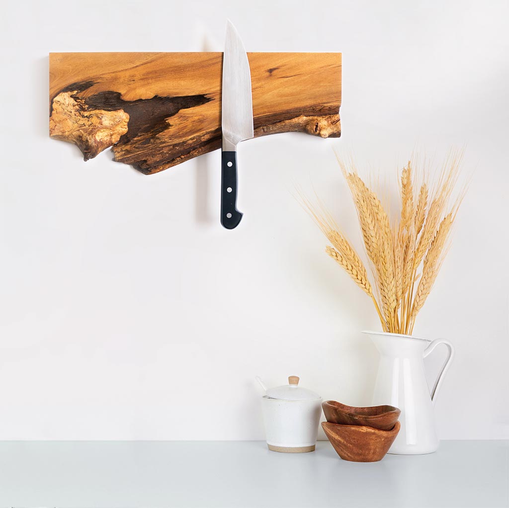 live edge wood magnetic knife holder, handcrafted in the usa with salvaged acacia hardwood