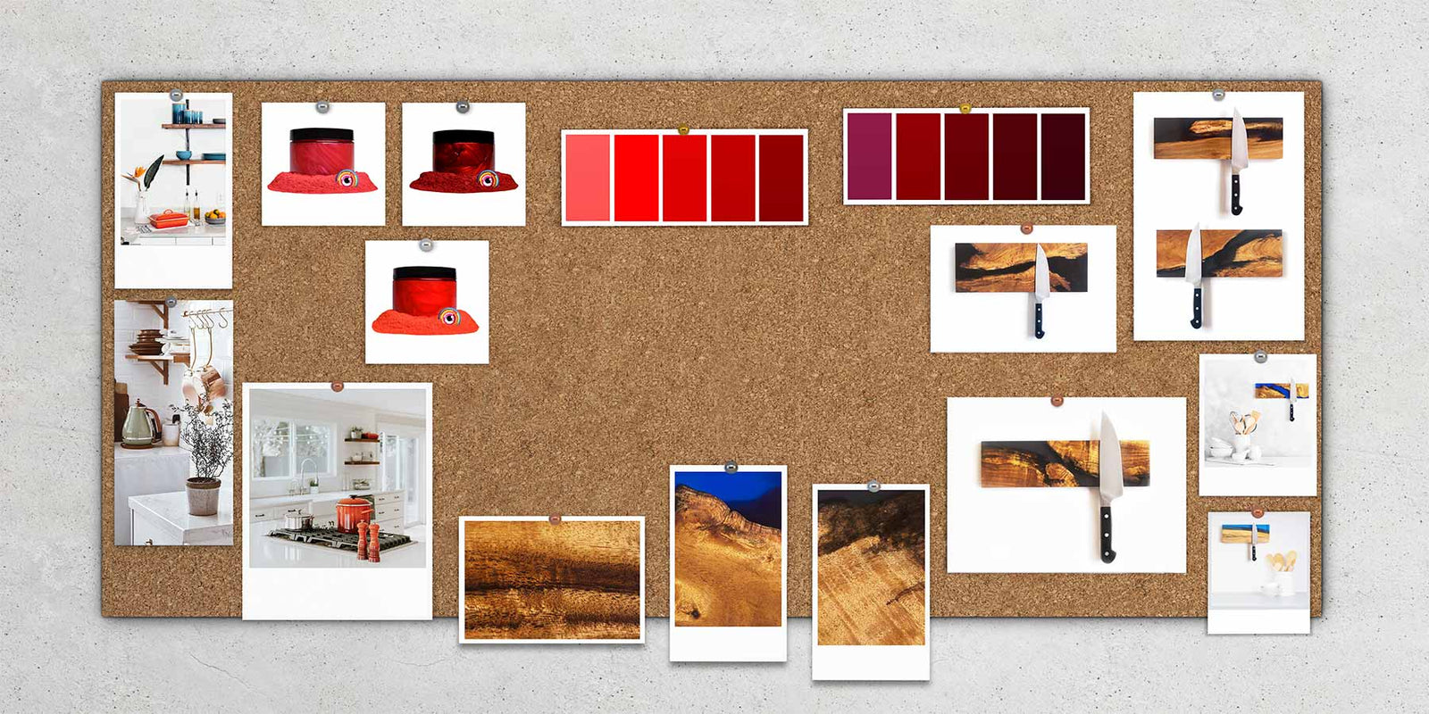 Custom magnetic knife holder mood board and ideas for a personalized magnetic knife strip made from live edge wood and epoxy resin