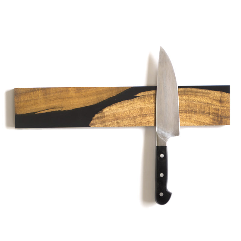 magnetic knife holder handmade using live edge acacia wood and black epoxy resin