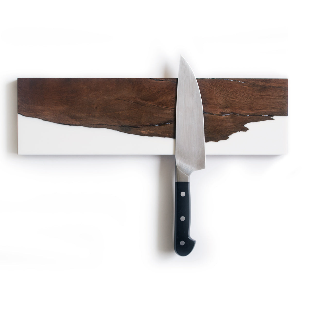 handcrafted magnetic knife holder rack handmade with salvaged live edge wood and epoxy resin