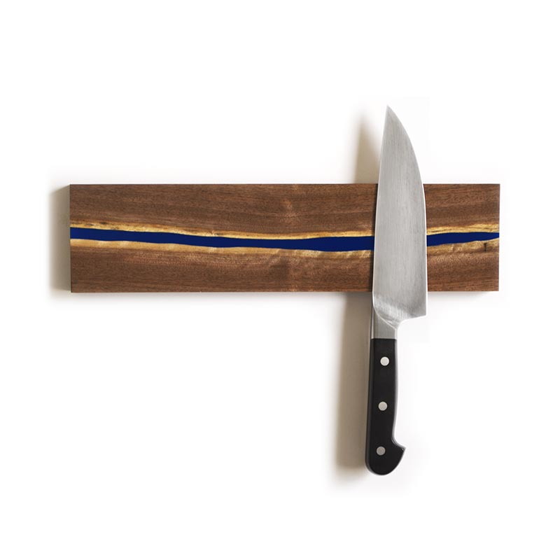 live edge walnut knife holder with a blue epoxy resin river handmade in usa