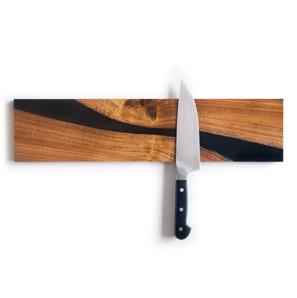 magnetic knife holder bar handcrafted from live edge salvaged acacia wood and black epoxy resin