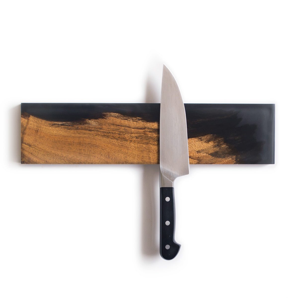 salvaged wood magnetic knife holder made from acacia and translucent gray epoxy resin