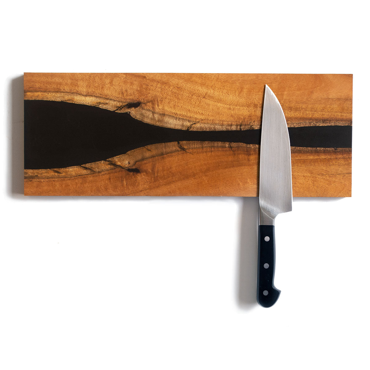 salvaged sweet acacia live edge magnetic knife board with a black epoxy resin river