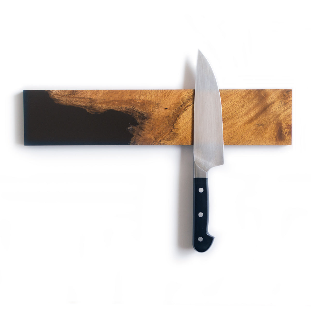 salvaged acacia live edge magnetic knife strip with black epoxy resin handcrafted in the usa