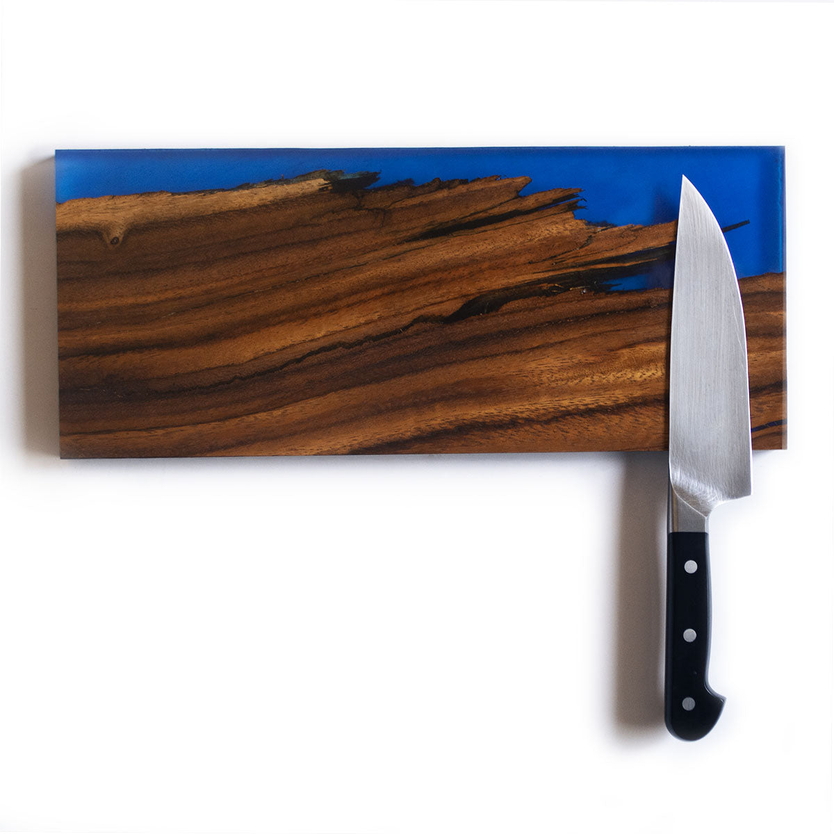 magnetic knife holder made with salvaged parota guanacaste hardwood and sapphire blue epoxy resin