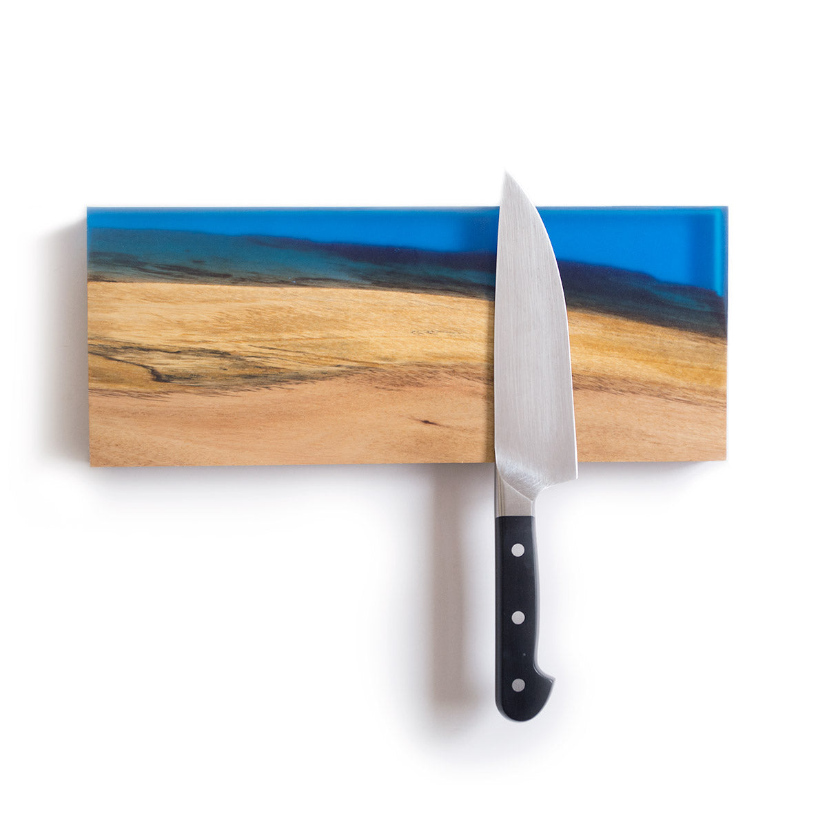 magnetic knife holder strip made from live edge acacia wood and transparent blue epoxy resin