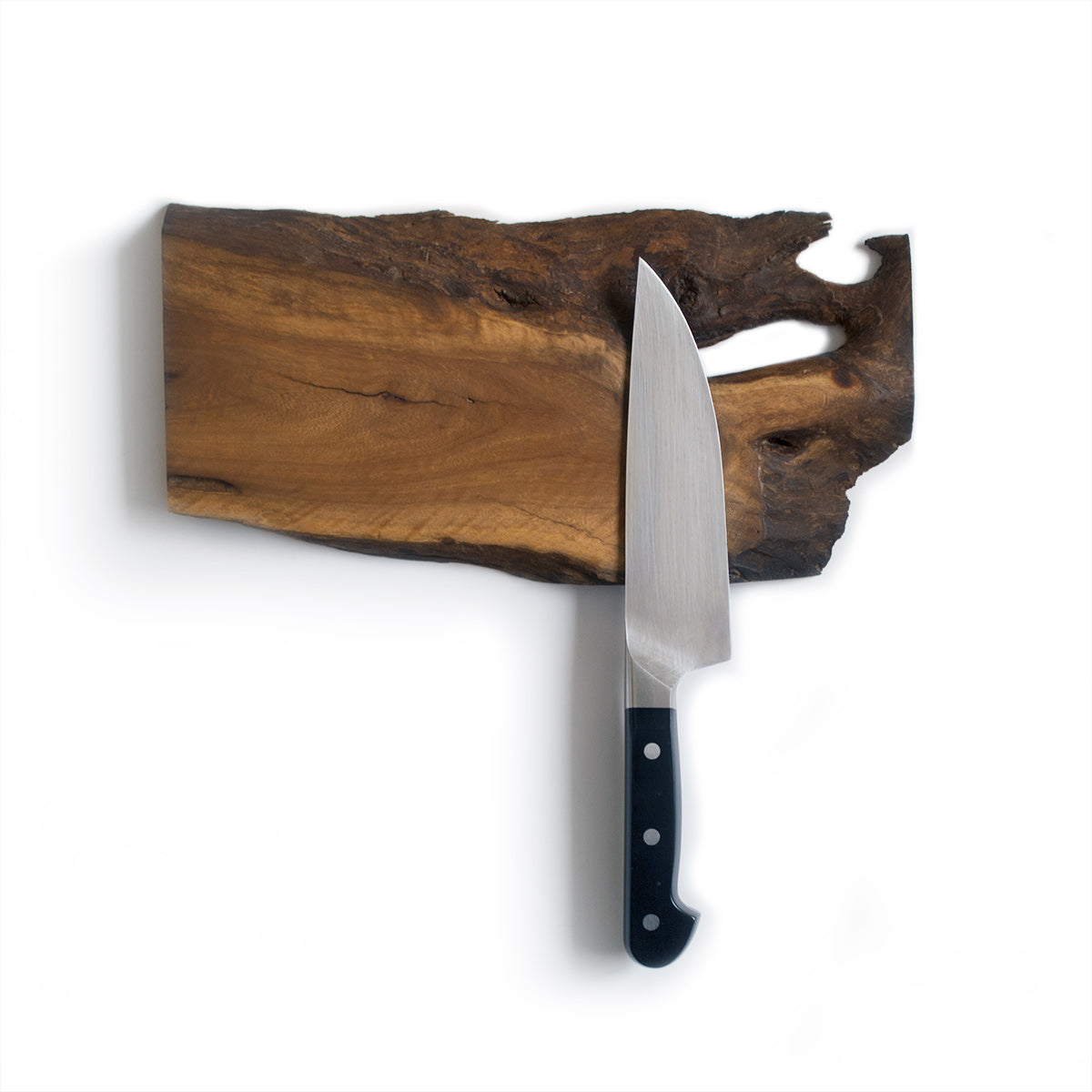 wood magnetic knife holder handcrafted from salvaged live edge buttonwood with a live edge