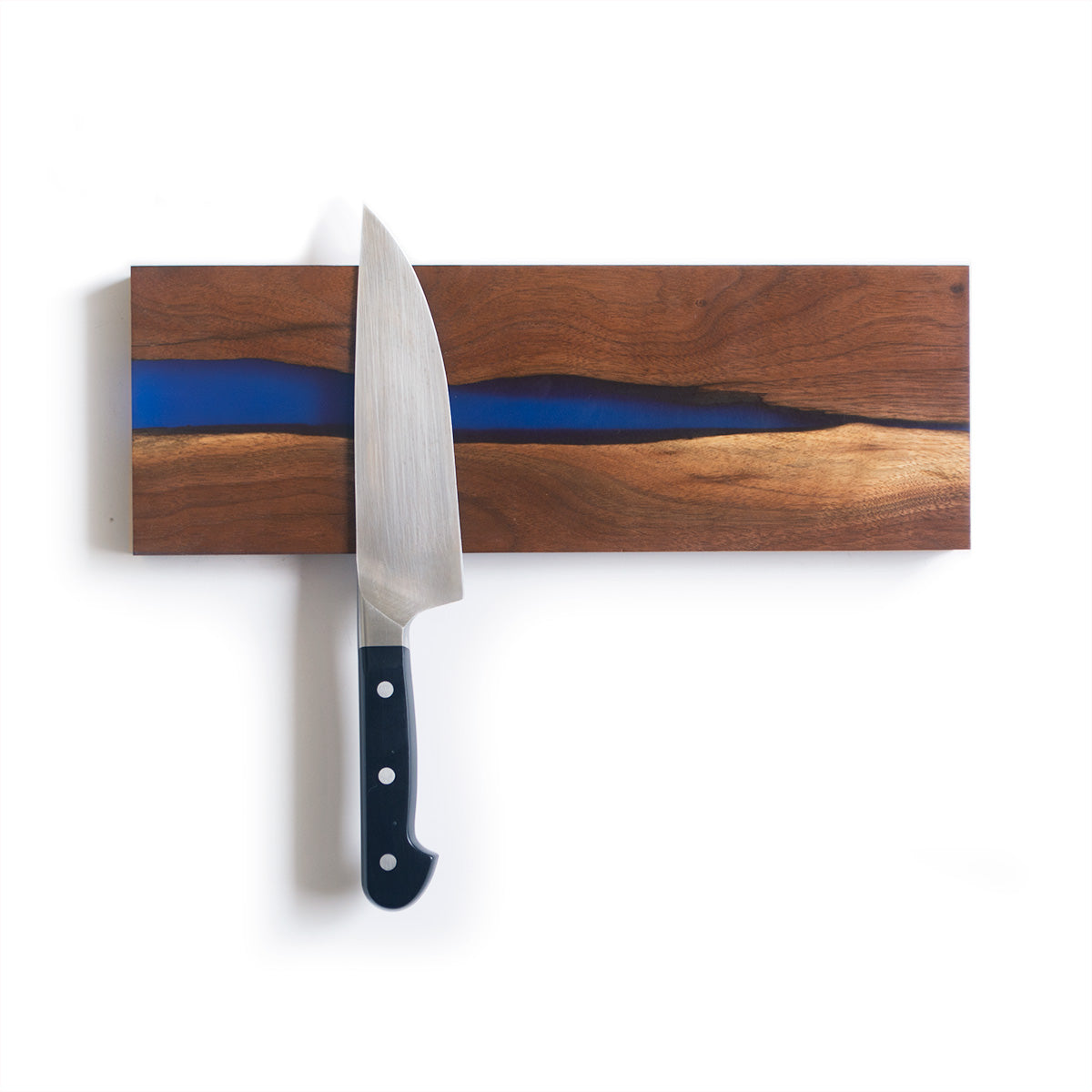 wooden magnetic knife holder handcrafted with walnut hardwood and sapphire blue epoxy resin