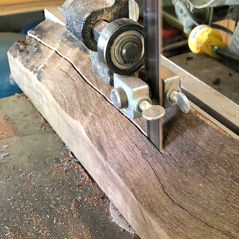 using a bandsaw to resaw live edge salvaged hardwood to make an epoxy resin river magnetic knife strip
