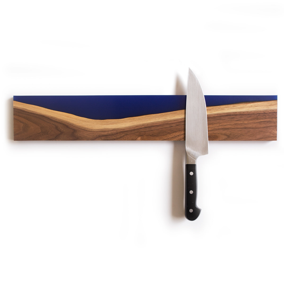 black walnbut live edge magnetic knife holder with sapphire blue epoxy resin